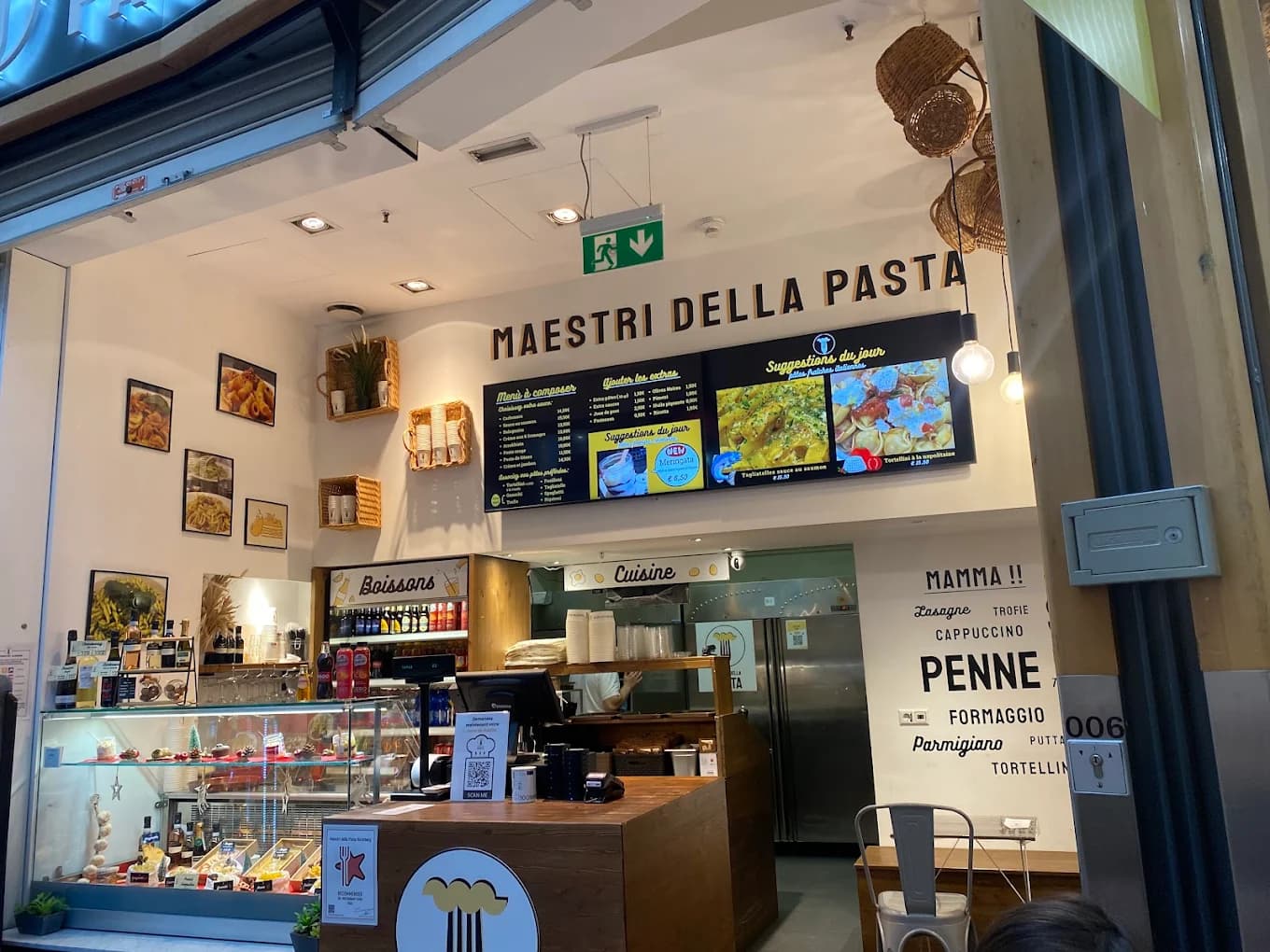 The Maestri della Pasta counter inside the Kirchberg shopping centre, with menu boards and a fresh pasta display.