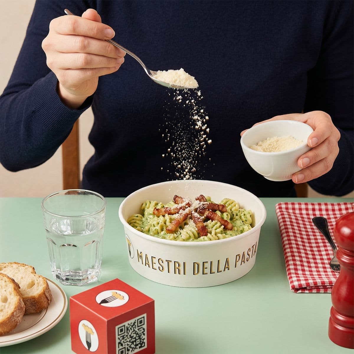 Fusilli with pesto and freshly grated parmigiano