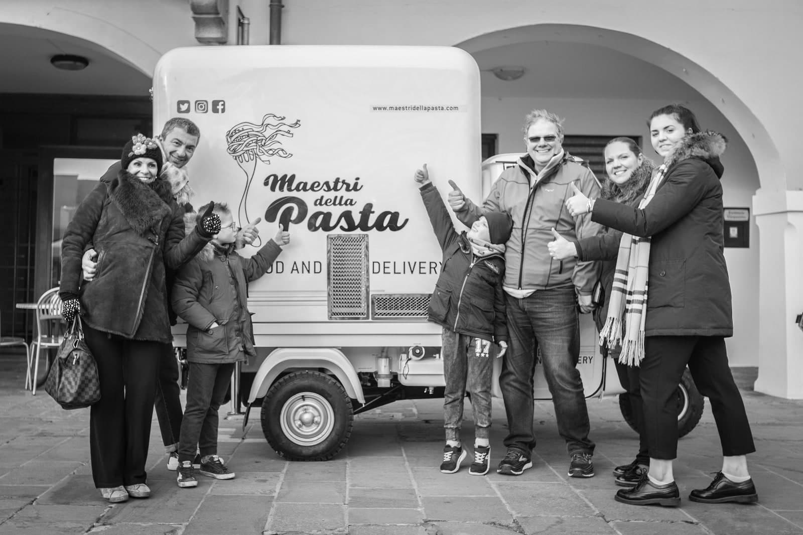 The Maestri della Pasta family with the original Apecar food truck