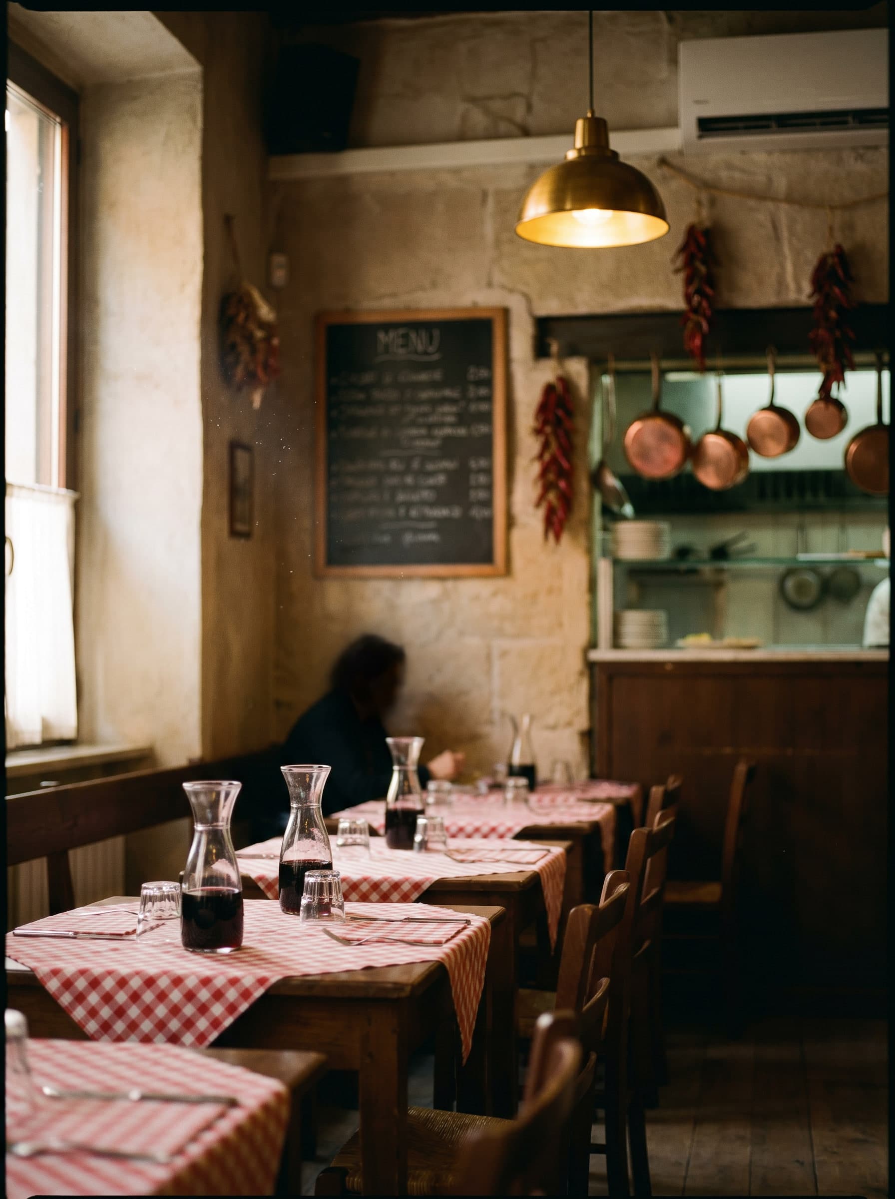 The interior of a traditional Roman trattoria at lunch, red-and-white checked tablecloths, copper pots and strings of dried Calabrian chillies
