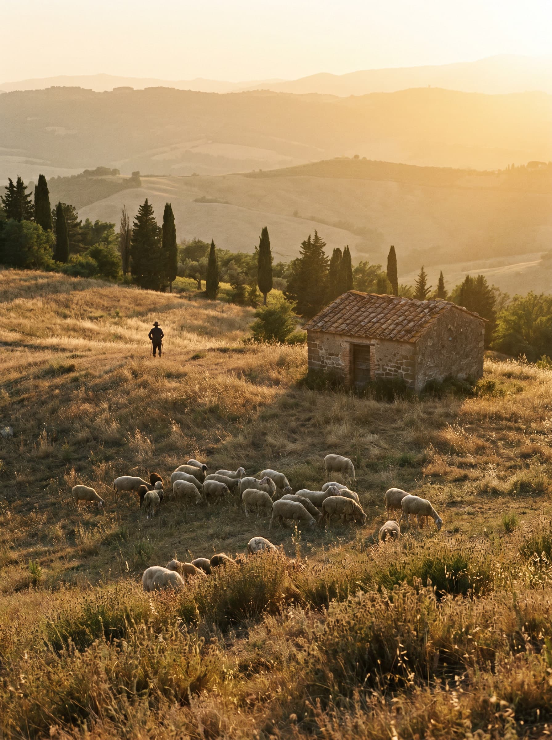 Castelli Romani countryside at golden hour, rolling Lazio hills with a stone shepherd hut and a distant flock of sheep