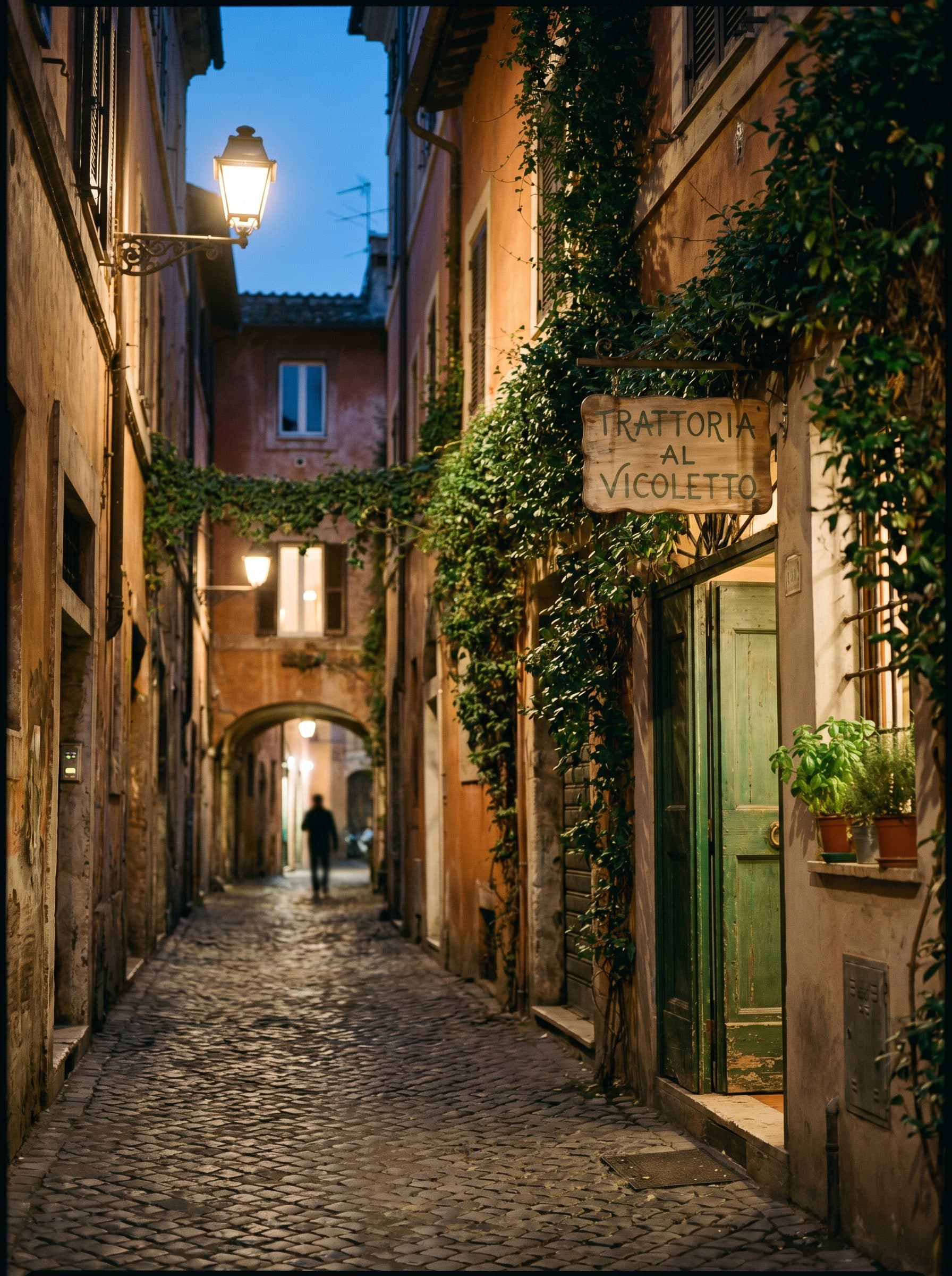 A narrow Trastevere alley in Rome at twilight, warm lamplight on cobblestones, ivy-draped walls and a hand-painted trattoria sign