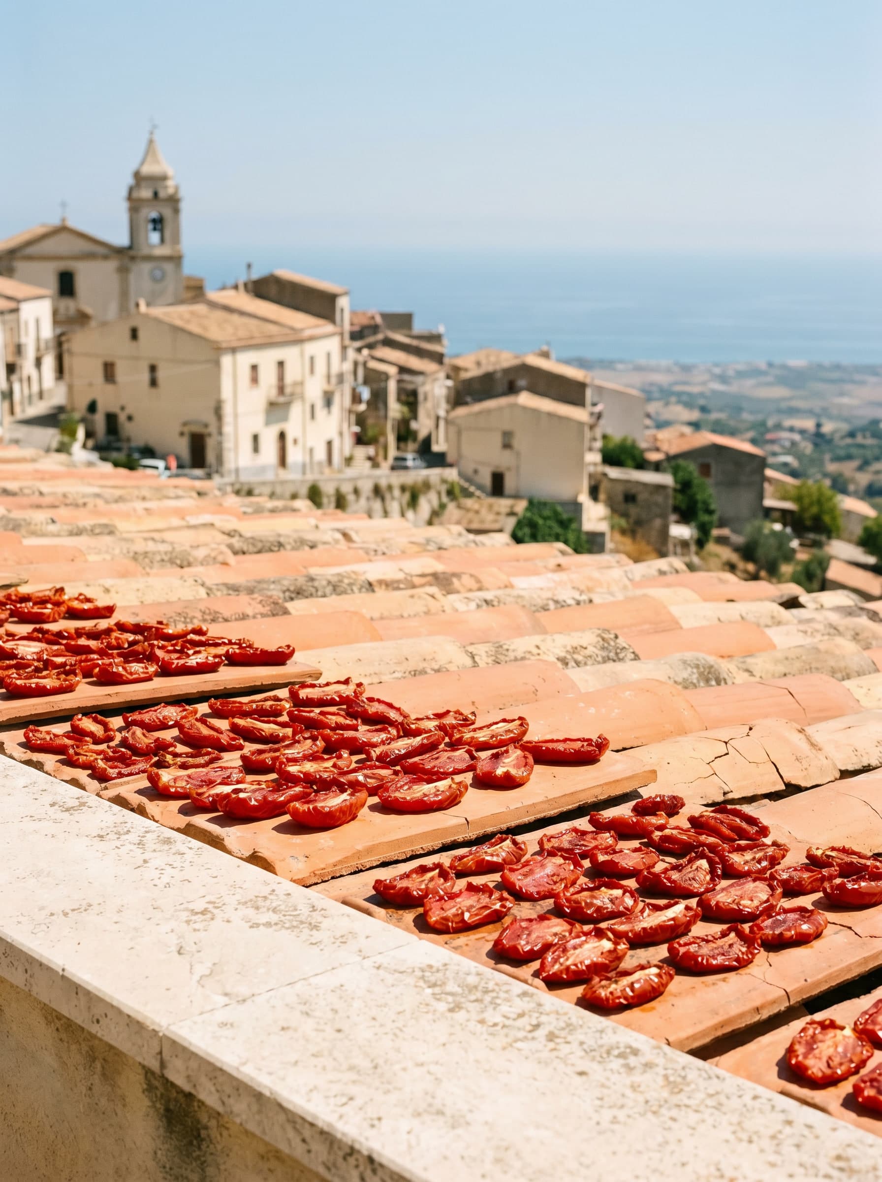 Halved sun-dried tomatoes drying on terracotta tiles in the Sicilian sun, a pale hilltop village in the distance